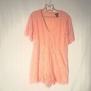 Day trip Coral Pink Embroidered Mesh Romper, Size: XL